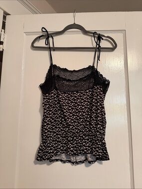 Anthropologie Only Hearts Floral Lace-Trim Black Camisole Top